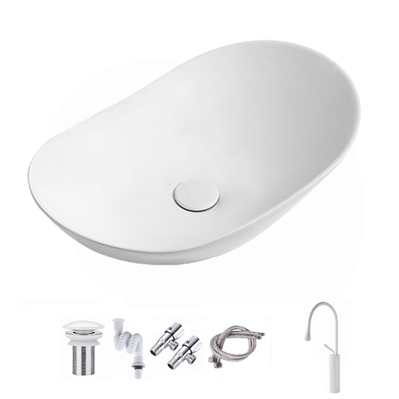 Contemporary Bathroom Sink Pop-Up Drain Porcelain Solid Color Oval-Shape Vessel Sink