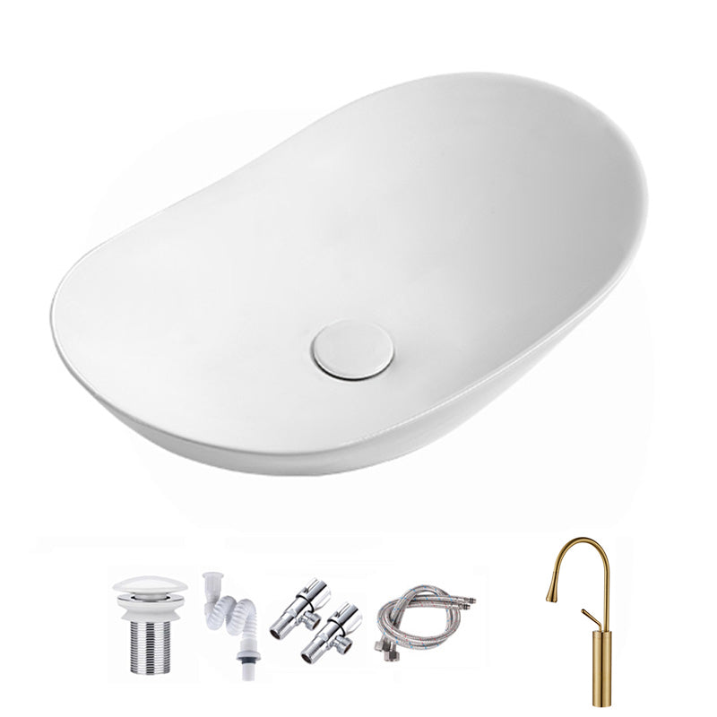 Contemporary Bathroom Sink Pop-Up Drain Porcelain Solid Color Oval-Shape Vessel Sink