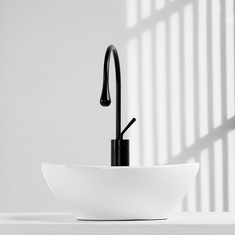 Contemporary Bathroom Sink Pop-Up Drain Porcelain Solid Color Oval-Shape Vessel Sink