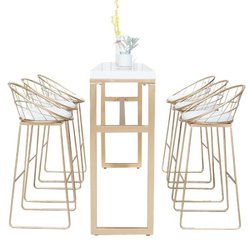 Rectangle White Solid Wood Table Gold and Metal Base Bar Table for Kitchen Living Room