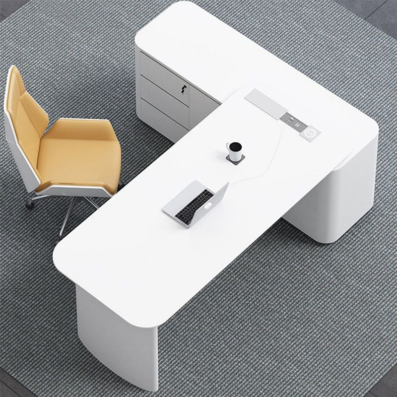 Contemporary White Executive Desk Cabinet L-Shape Office Desk Pedestal