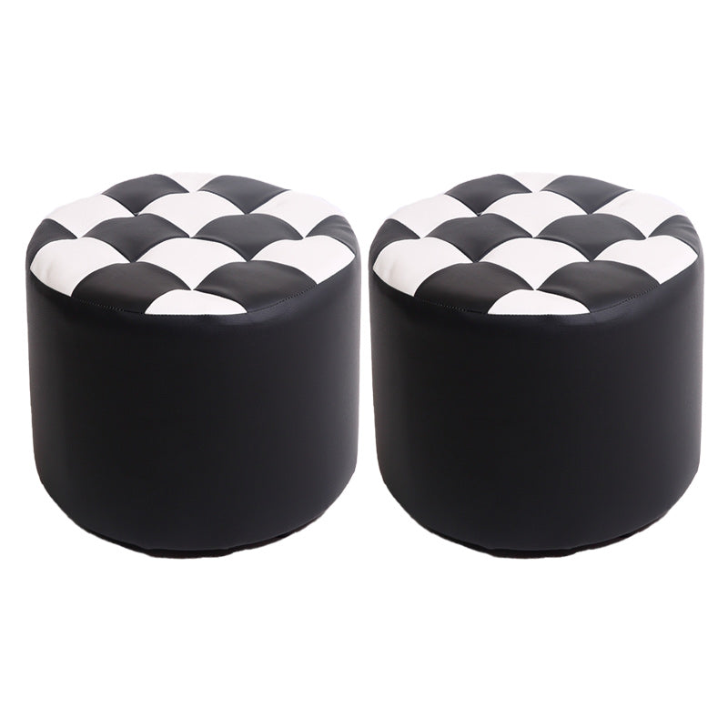 Contemporary Pouf Ottoman PU Leather Upholstered Tufted Square Pattern Round Ottoman