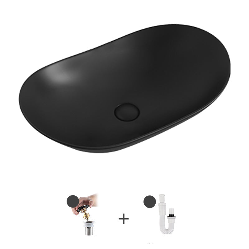 Contemporary Bathroom Sink Pop-Up Drain Porcelain Solid Color Oval-Shape Vessel