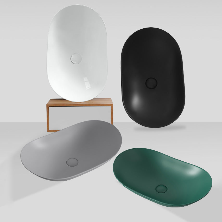 Contemporary Bathroom Sink Pop-Up Drain Porcelain Solid Color Oval-Shape Vessel