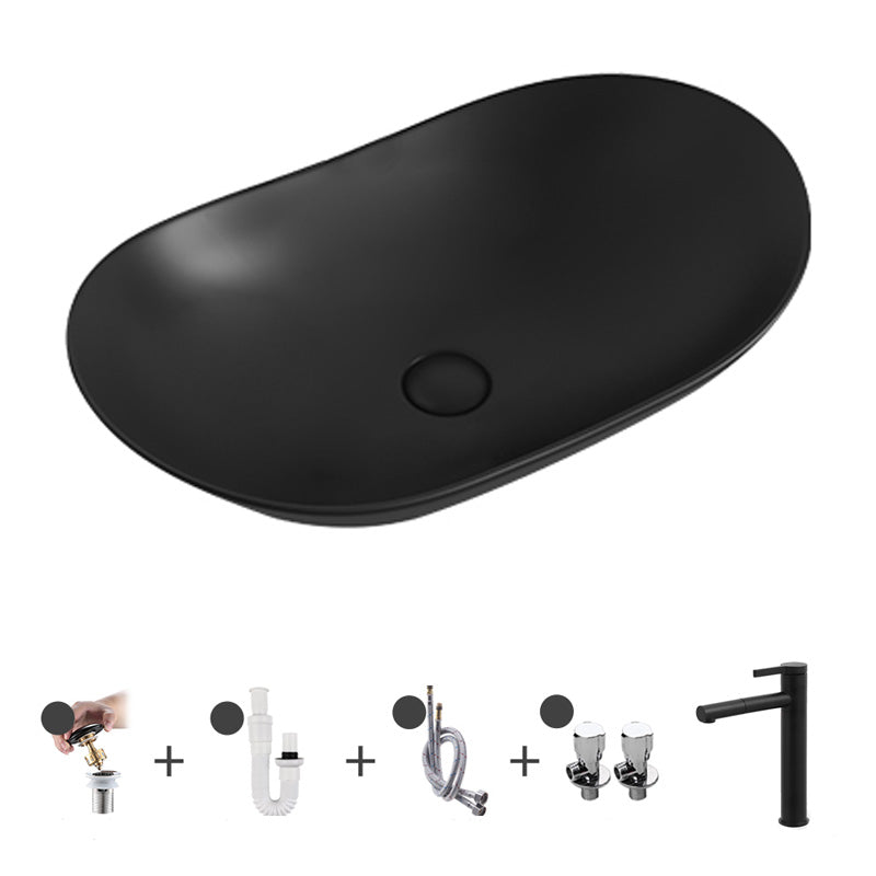 Contemporary Bathroom Sink Pop-Up Drain Porcelain Solid Color Oval-Shape Vessel