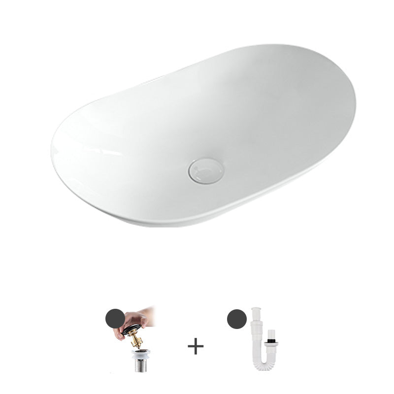 Contemporary Bathroom Sink Pop-Up Drain Porcelain Solid Color Oval-Shape Vessel