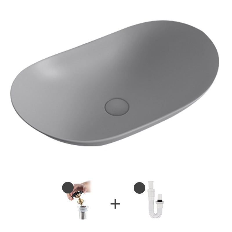 Contemporary Bathroom Sink Pop-Up Drain Porcelain Solid Color Oval-Shape Vessel