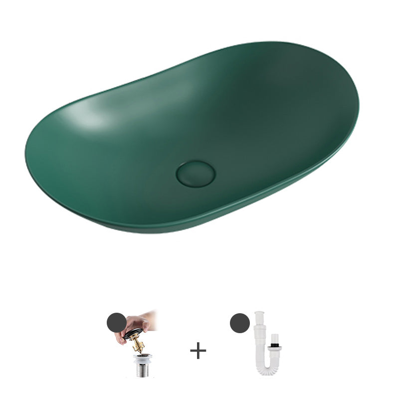 Contemporary Bathroom Sink Pop-Up Drain Porcelain Solid Color Oval-Shape Vessel