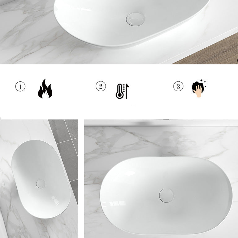 Contemporary Bathroom Sink Pop-Up Drain Porcelain Solid Color Oval-Shape Vessel