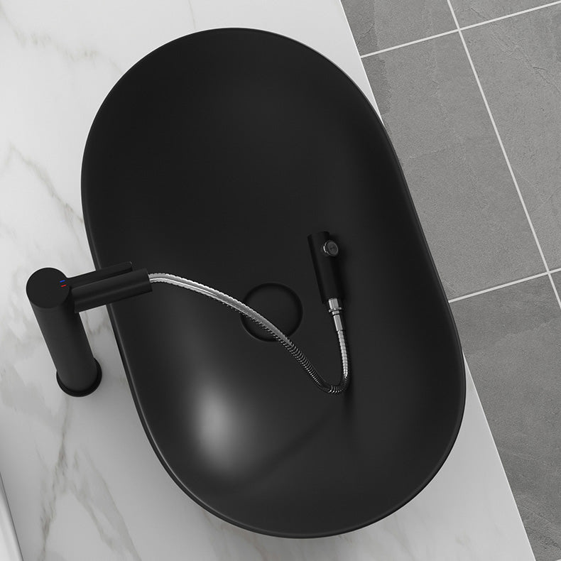 Contemporary Bathroom Sink Pop-Up Drain Porcelain Solid Color Oval-Shape Vessel