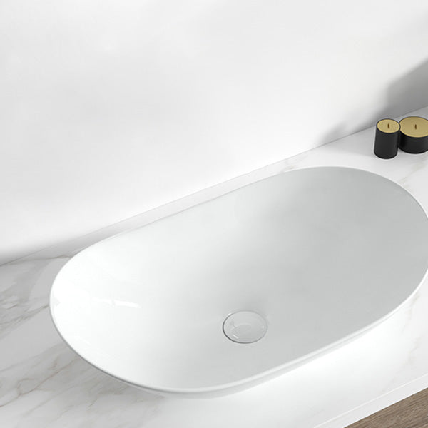 Contemporary Bathroom Sink Pop-Up Drain Porcelain Solid Color Oval-Shape Vessel