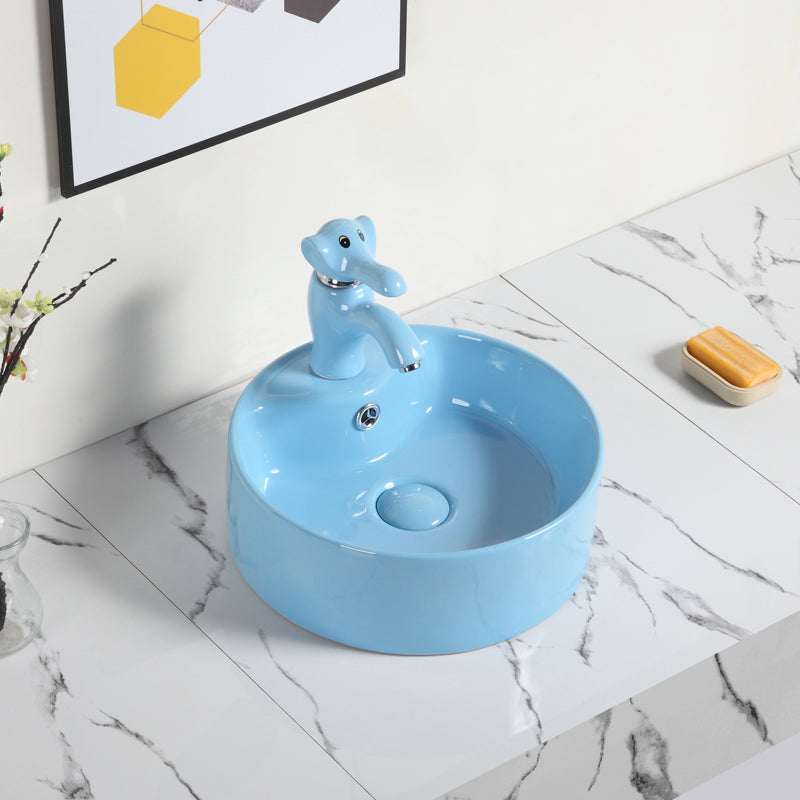 Contemporary Bathroom Sink Pop-Up Drain Porcelain Round Vessel Bathroom Sink