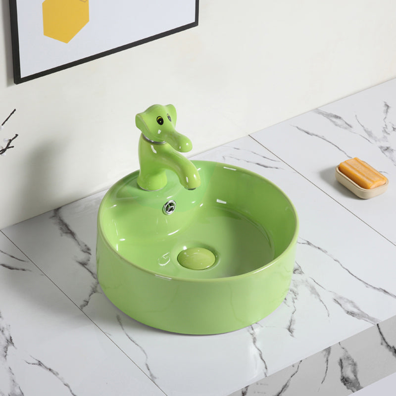 Contemporary Bathroom Sink Pop-Up Drain Porcelain Round Vessel Bathroom Sink