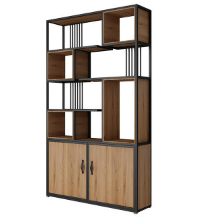 Metal and Wooden Bookcase Home Open Storage Bookshelf with 2 Doors
