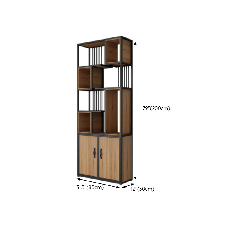 Metal and Wooden Bookcase Home Open Storage Bookshelf with 2 Doors