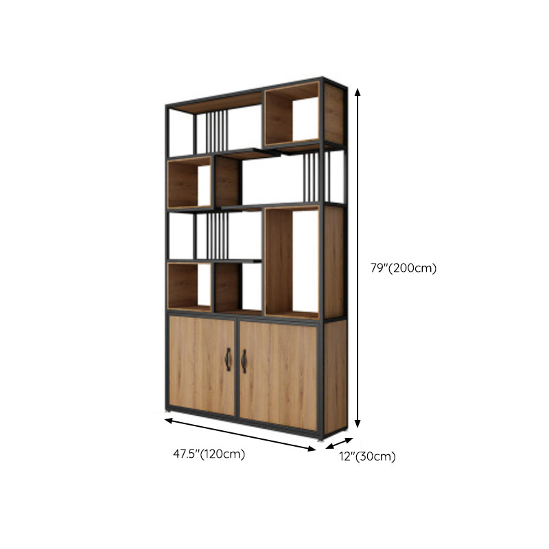 Metal and Wooden Bookcase Home Open Storage Bookshelf with 2 Doors