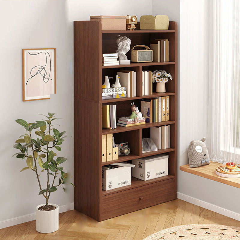 Engineered Wood Floor Bookcase Modern Vertical Closed Back Book Shelf with Drawers