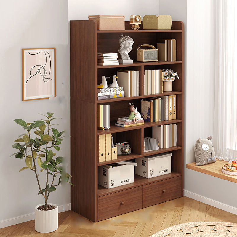 Engineered Wood Floor Bookcase Modern Vertical Closed Back Book Shelf with Drawers