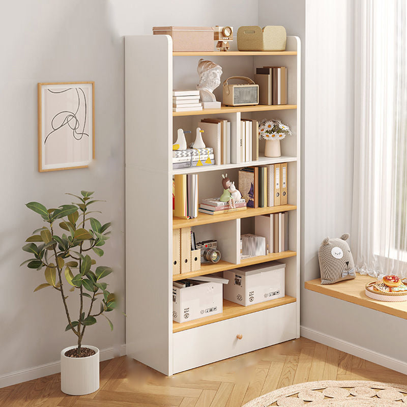 Engineered Wood Floor Bookcase Modern Vertical Closed Back Book Shelf with Drawers