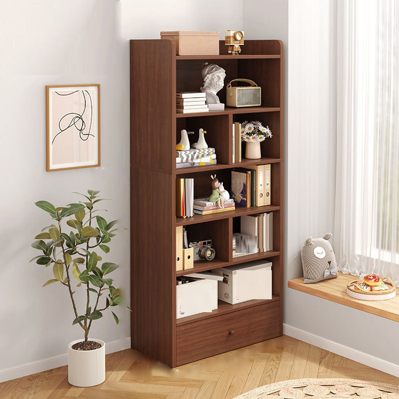 Engineered Wood Floor Bookcase Modern Vertical Closed Back Book Shelf with Drawers
