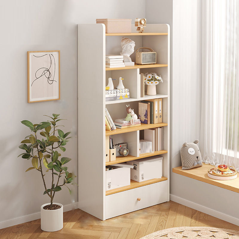 Engineered Wood Floor Bookcase Modern Vertical Closed Back Book Shelf with Drawers