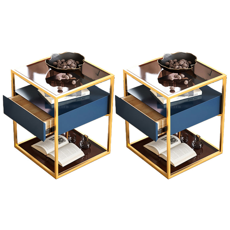 Industrial Drawers Included Bedside Cabinet Glass and Metal Nightstand for Bedroom