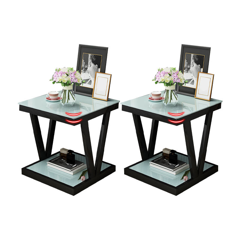 Modern Open Storage Bedside Cabinet Glass Top Night Table with Shelf