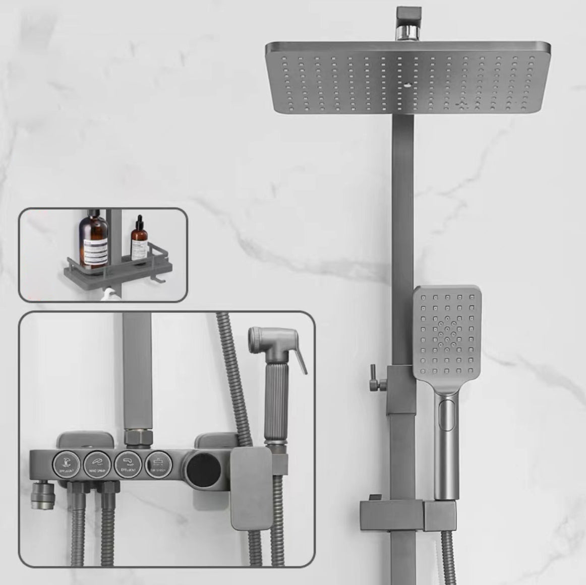 Square Metal Shower System Volume Control Dual Shower Head Shower Faucet with Shower Arm