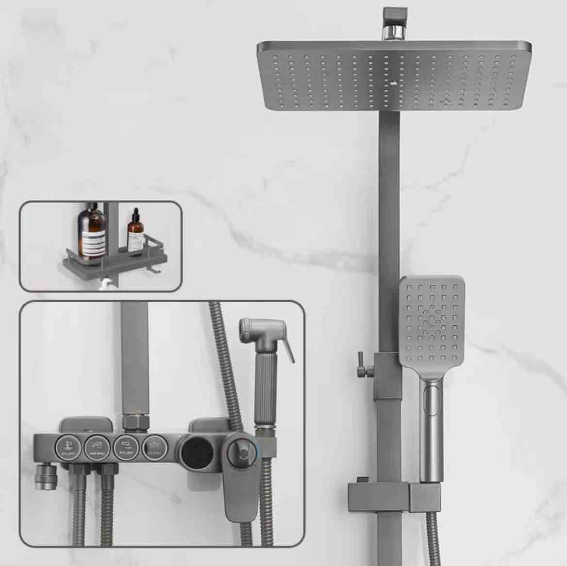 Square Metal Shower System Volume Control Dual Shower Head Shower Faucet with Shower Arm