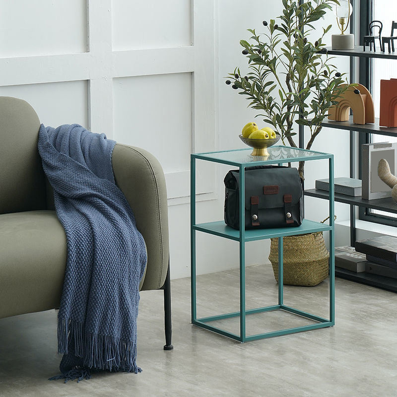 Modernistic Double Tier Rectangular with Storage Frame Glass Side Table
