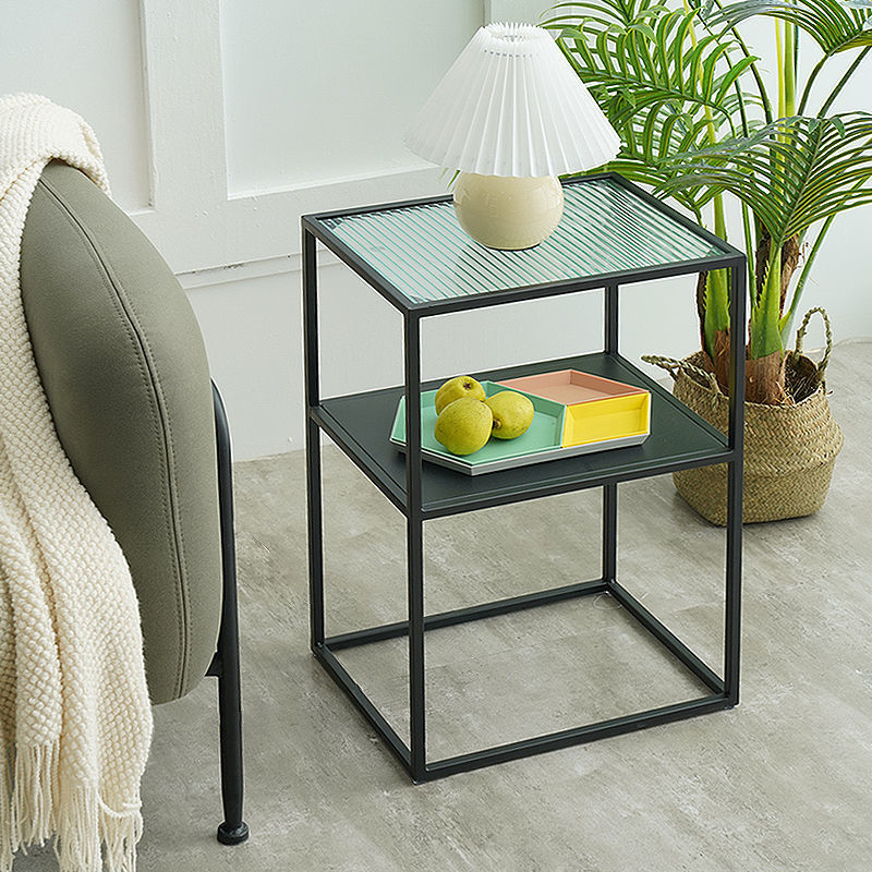 Modernistic Double Tier Rectangular with Storage Frame Glass Side Table