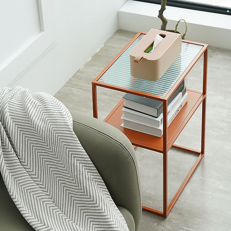 Modernistic Double Tier Rectangular with Storage Frame Glass Side Table
