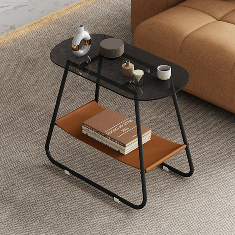 End Table Glass Sled with Storage Oval Contemporary Double Tier Side Table