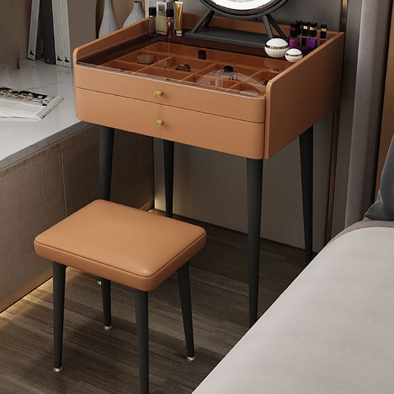 Contemporary 2-Drawer Vanity Makeup Table Set Glass Top Dressing Table Stool Set