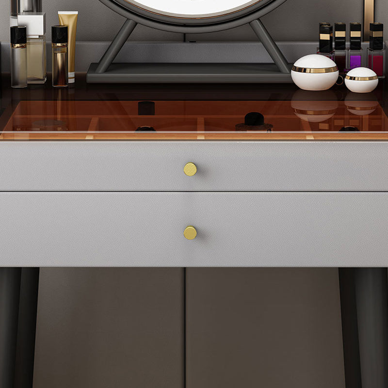 Contemporary 2-Drawer Vanity Makeup Table Set Glass Top Dressing Table Stool Set