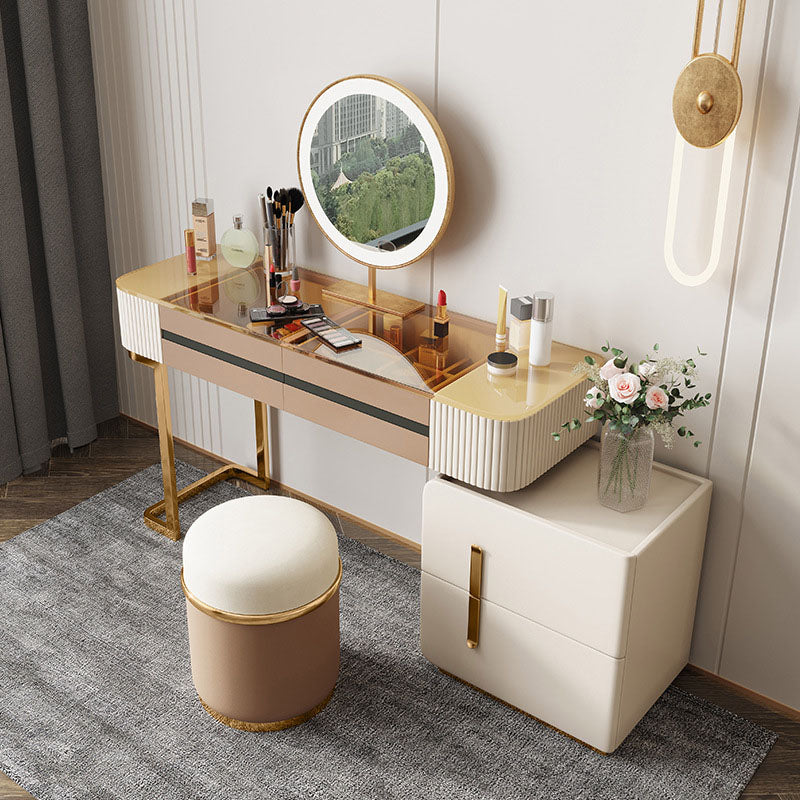 Glam Wood Makeup Vanity Desk Glass Top 4 Drawer Dressing Table