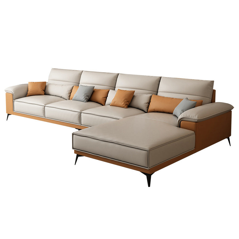 Pillow Top Arm Sectional Beige Faux Leather Sectional with Pillows