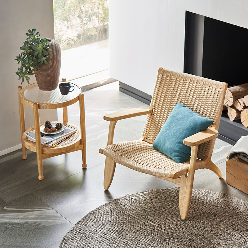 Woven Back Chair Square Arms Solid Wood Arm Chair for Living Room