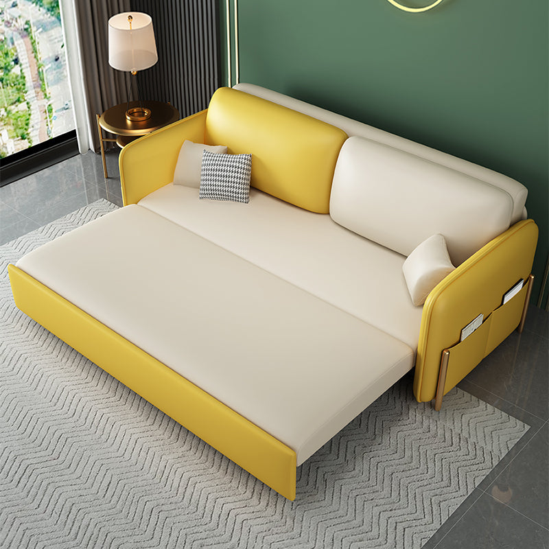Square Arm Sofa Bed in Yellow Faux Leather Stain Resistant Bed Sofa