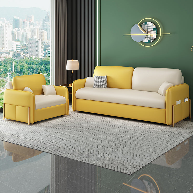 Square Arm Sofa Bed in Yellow Faux Leather Stain Resistant Bed Sofa