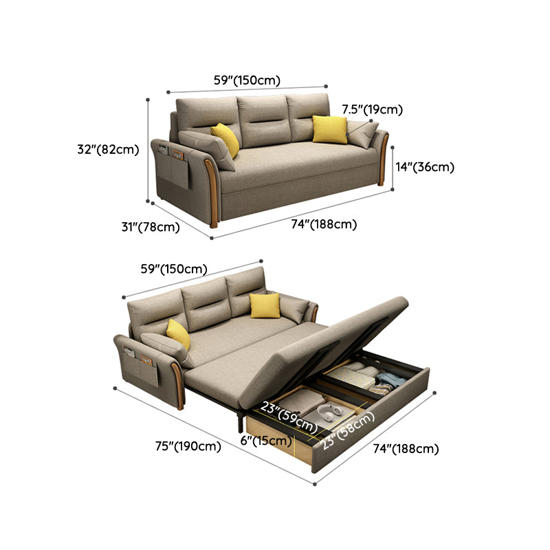 Convertible Flared Arm Sofa Bed Linen Sofa Bed in Brone for 3 peopl