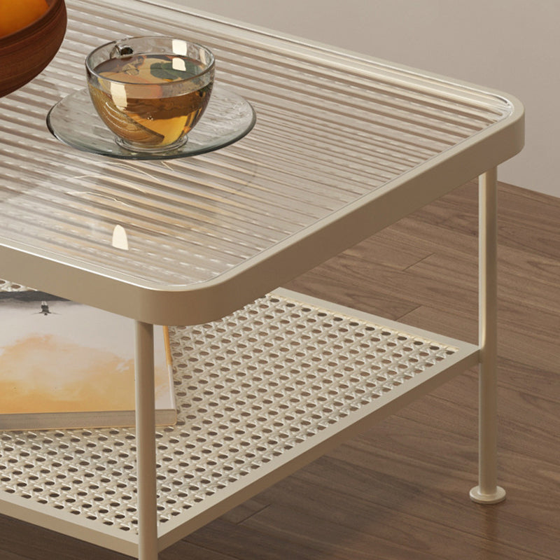 Glass Modern Rectangular Coffee Table with Shelf 4 Legs Cocktail Table