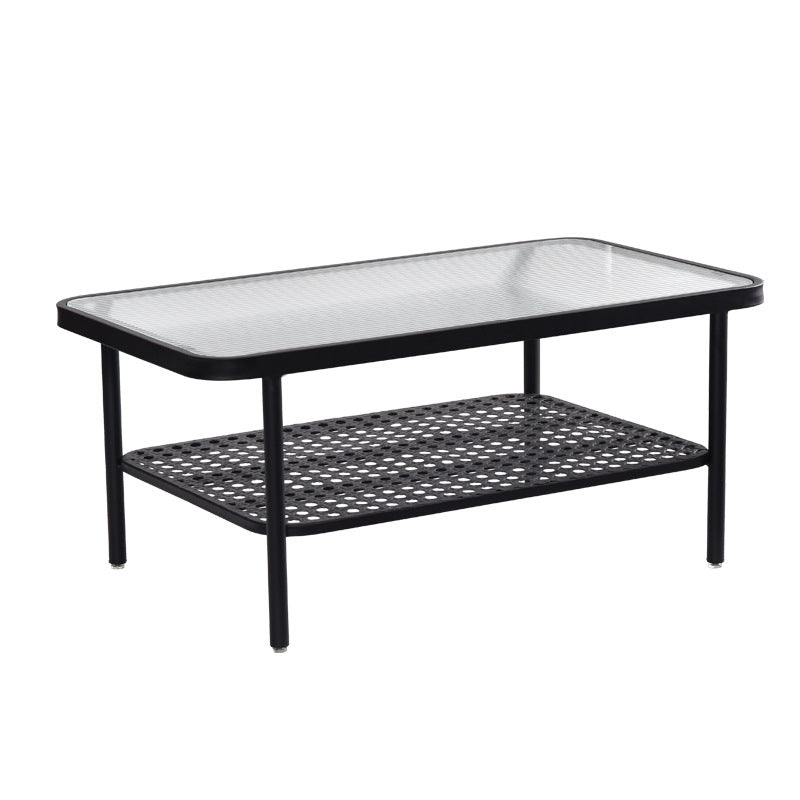 Glass Modern Rectangular Coffee Table with Shelf 4 Legs Cocktail Table