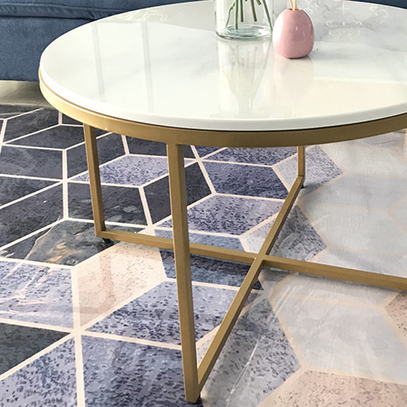 Modern Round Slate Coffee Table Cross Legs Cocktail Table in Gold
