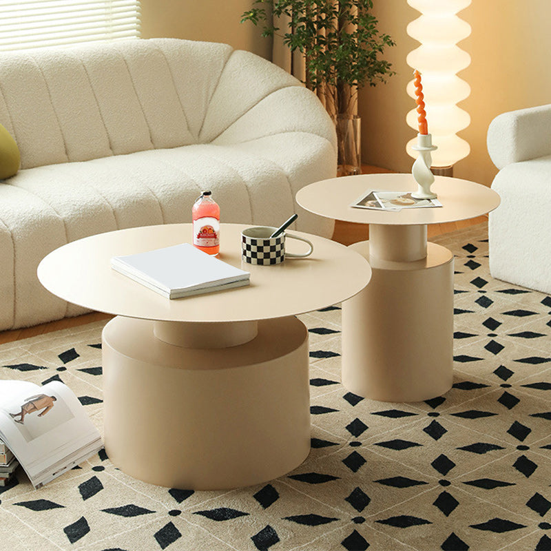 Round Iron Coffee Table Mid-Century Pedestal 2 Pieces Cocktail Table Set