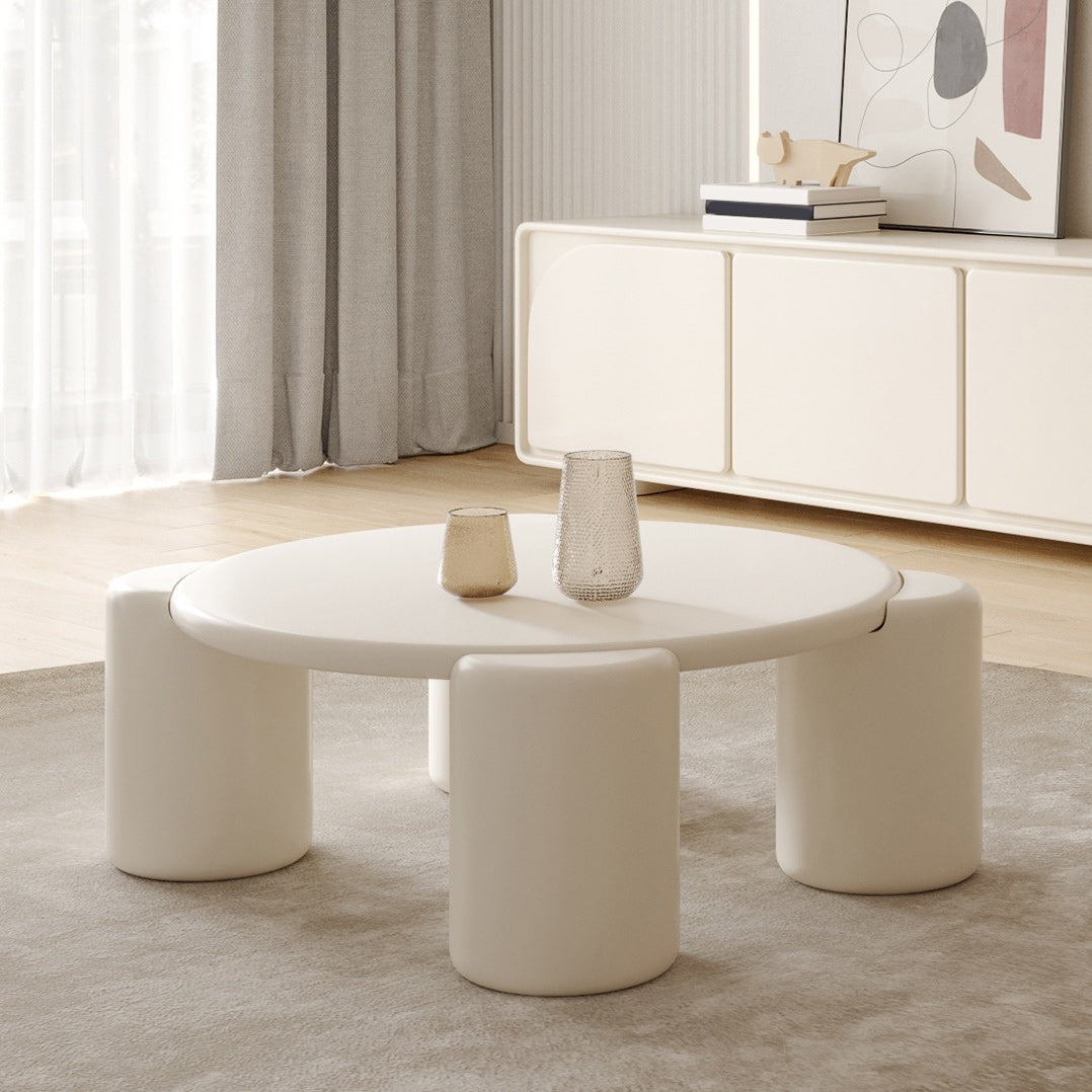 Contemporary Round Wood Cocktail Table White 4 Legs Coffee Table - 13.8" H
