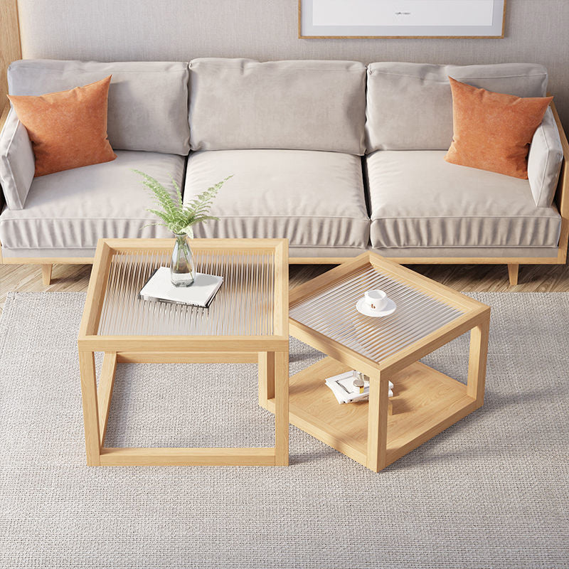 Modern Glass Top Coffee Table Square Natural Wood Cocktail Table
