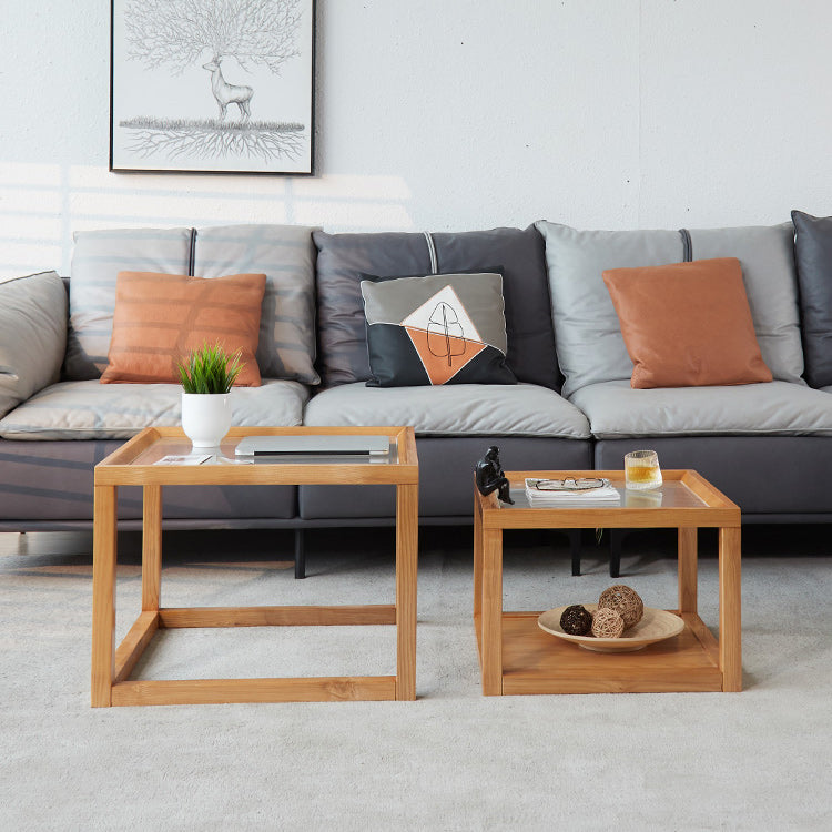Modern Glass Top Coffee Table Square Natural Wood Cocktail Table