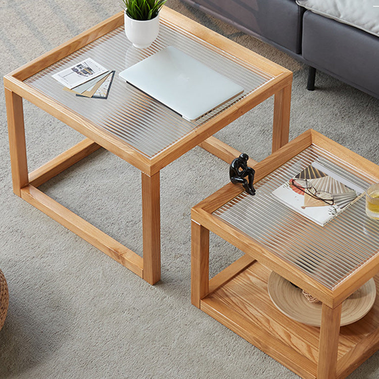 Modern Glass Top Coffee Table Square Natural Wood Cocktail Table