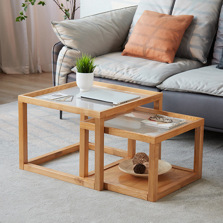 Modern Glass Top Coffee Table Square Natural Wood Cocktail Table